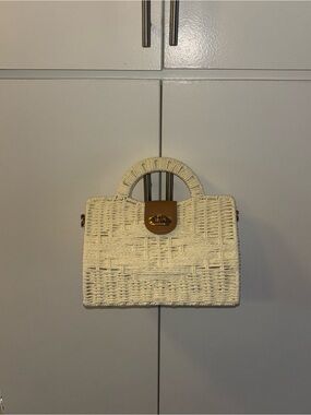 Woven Cream Top-Handle Straw Bag with Tan Accent